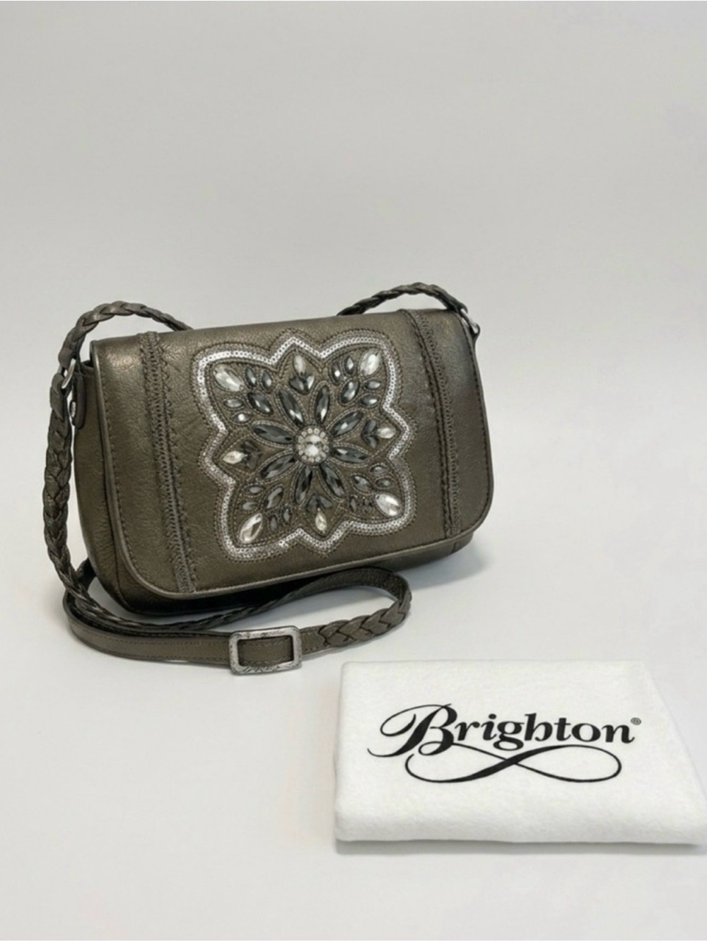 Brighton metallic bronze crystal embellished flap crossbody bag